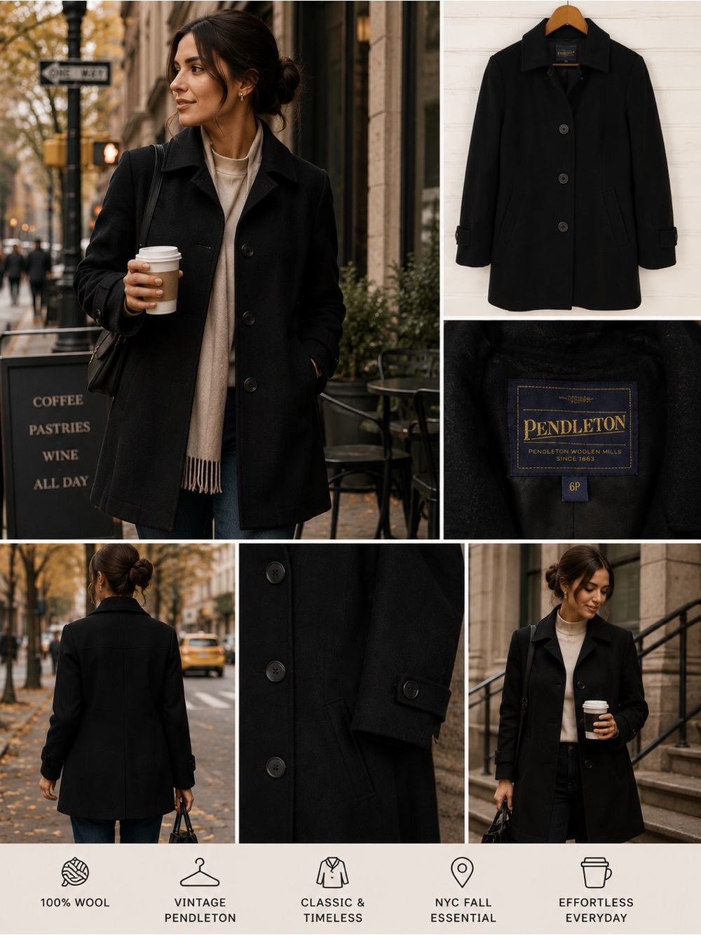Pendleton Vintage 100% Wool Black Pea Coat Petite6P Quiet Luxury NYC Fall Jacket